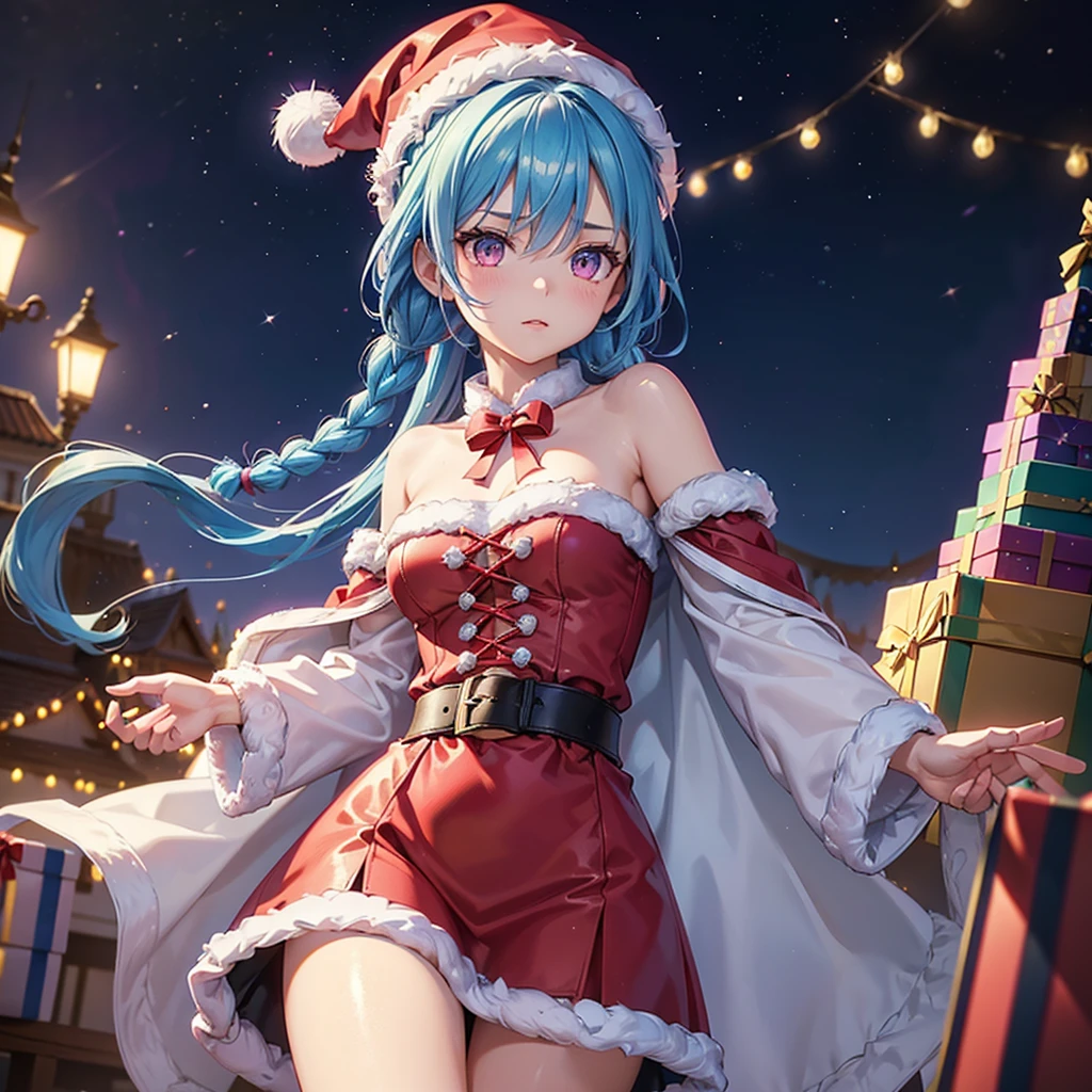 (Sky blue hair),(Braided Hair), (Pink Eyes),Fair skin) ,(whole body),(One Girl),(Gift boxes filling the background),(Santa Claus clothes),Santa Claus hat,(Christmas Party),(masterpiece, Highest quality, Very detailed, Best Shadow), (Detailed Background), (Beautifully detailed face), High Contrast, (Best lighting, Very delicate and beautiful), ((Cinematic Light)), Hyper Detail,8k, Dramatic Light, Intricate details,night,The background is a Western-style castle