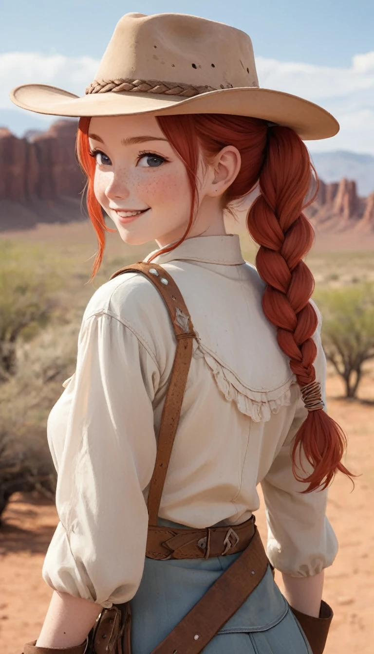 cheyenne、profile、Upper Body、masterpiece、Highest quality、One beautiful woman、Red hair、Pigtails、Braid、24-years-old、White skin、Cowboy Style、Western Hat、Moderate bust、Upper Body、smile、love、Freckles、Blushing cheeks、scenery、desert。
