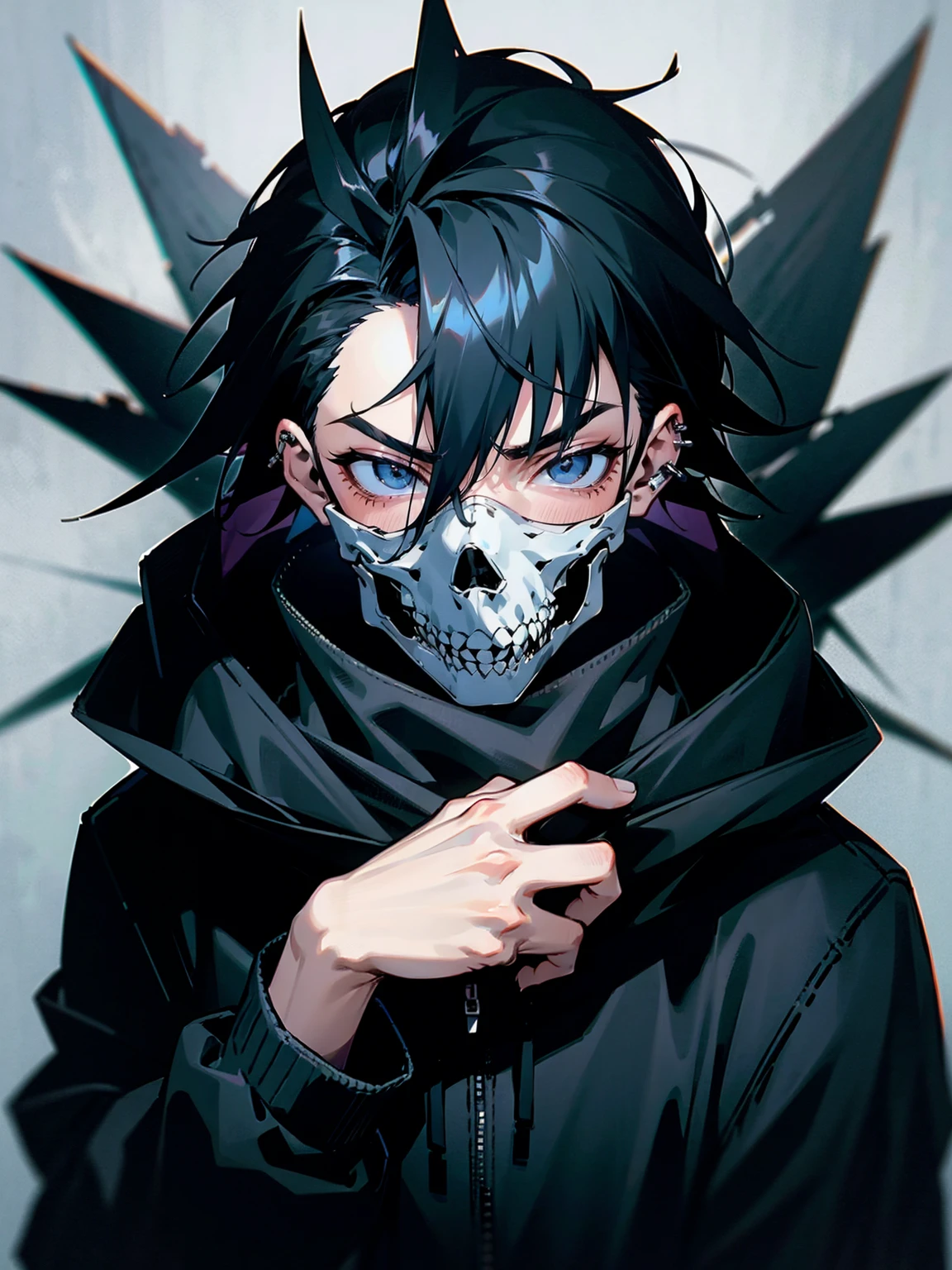 1male, adult, gojo hair, black hair, spiky hair, hood over head, grey eyes, skull mask, eye piercing, lazy expression, black techwear jacket, black sweatpants, lean build
