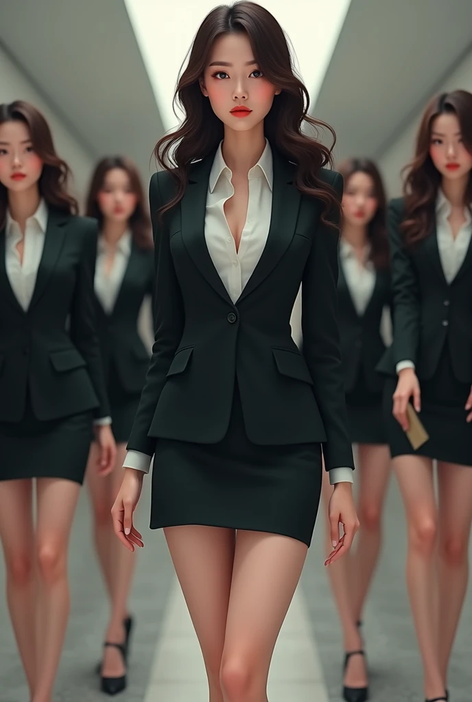 Beautiful woman with long legs, secretary in suit, bare legs, tight skirt, all women with different faces, Korean and Japanese5There are people