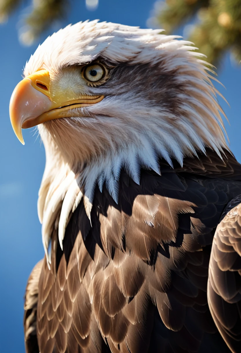 (best quality,4k,8k,highres,masterpiece:1.2),ultra-detailed,(realistic,photorealistic,photo-realistic:1.37),detailed portrait of a bald eagle, close-up side view, extremely detailed feathers, being hit by the wind, rugged appearance, blurred blue sky background, perched on a tall tree, professional lighting, professional camera