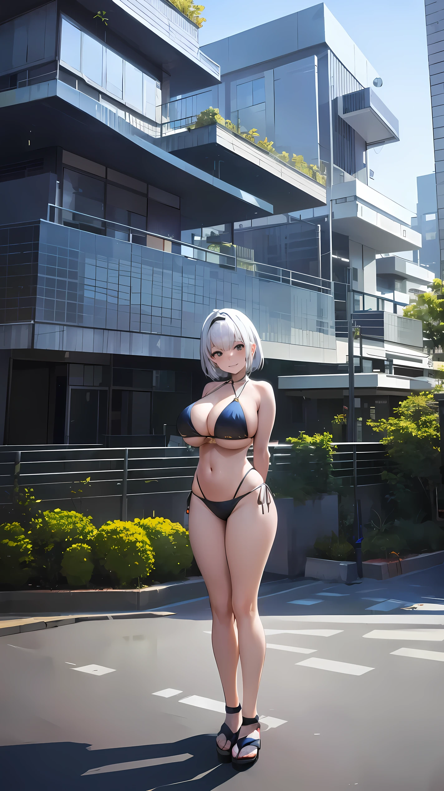 Standing wearing shiny bikini、Outstanding smile、 、Japanes、huge brea hair、(greaming skin:1.4)、arms behind back, pigeon toed, Esbian all over body、(modern architecture:1.8),