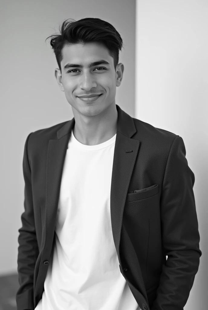 Create a black and white image of a 23 yo boy with short, dark hair, styled neatly to the side. He is wearing a white shirt and tailored blazer. The boy is captured in a candid, relaxed moment, looking down with a gentle, genuine smile. His hands are casually placed in his pockets, and the background is a simple, smooth wall, which keeps the focus on his expression and attire. The overall mood of the image should be casual yet sophisticated, with a natural, authentic feel. He is turkish. With jawline and his skin color is light brown.
