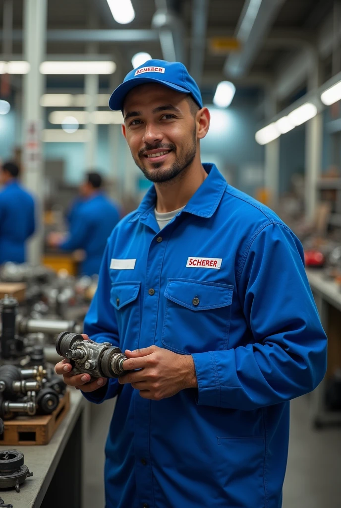 a young Brazilian named Guilherme works at an auto parts company with a blue uniform that says SCHERER 

