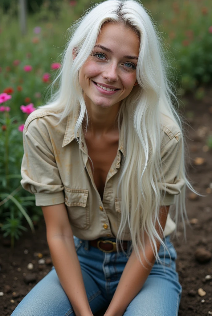 A pretty blue-eyed  Instagram model with very long straight snow-white hair with a realistic natural pale porcelain complexion on an oval face. She is sitting in her garden in the dirt, surrounded by flowers with a ratty dirty covered shirt and jeans. Her expression is happy as she is in her element in the garden.