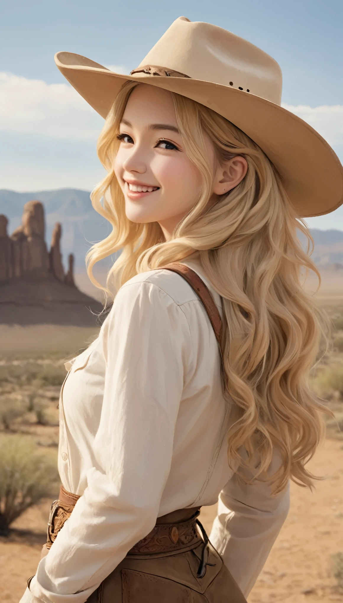 cheyenne、profile、Upper Body、masterpiece、Highest quality、One beautiful woman、Blonde、Wavy Hair、24-years-old、White skin、Cowboy Style、Western Hat、Upper Body、smile、profile、scenery、desert。