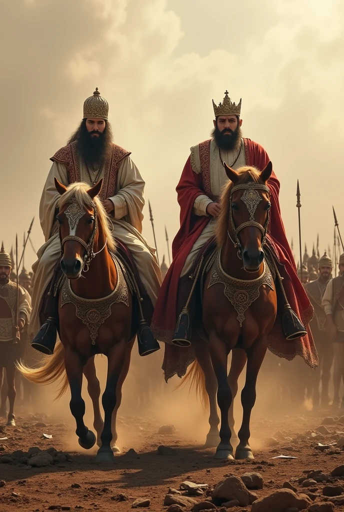 Two muslim king on horses with lakhs of warrioors in war field india without saffron flag