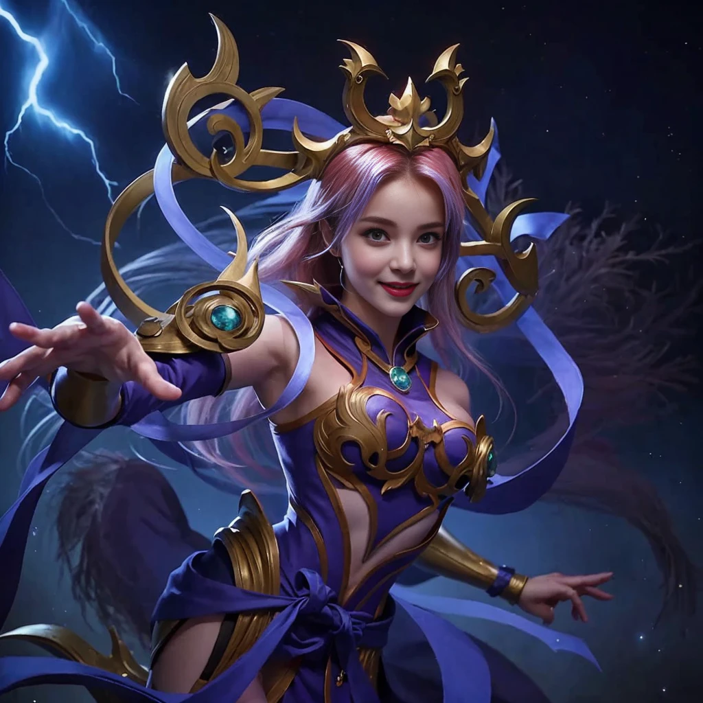 ((Best Quality, Masterpiece: 1.3)), ice magic: 1.2, beautiful girl, whole body, crystal, mythical, mysterious, emotional, magic school student, hogwart student, blue hair, blue eye, dynamic pose, long curly hair, bangs, cape, skirts, cute, lovely, smile, blackpink