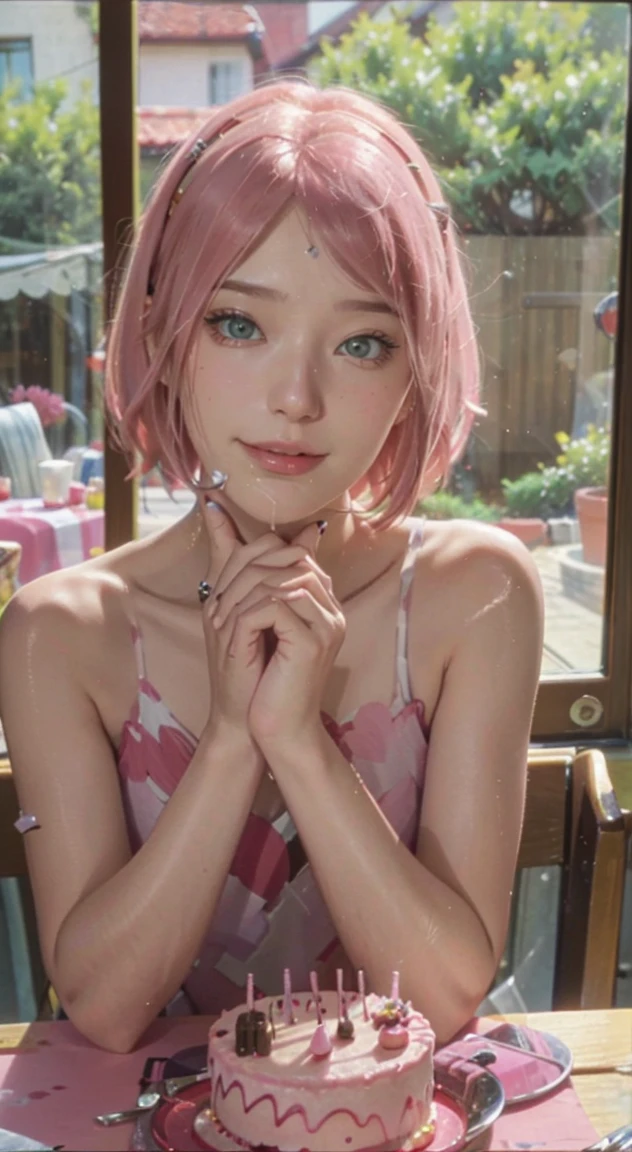 beautiful sakura haruno , pink hair girl, adolable ,  girl, sitting at the dining table, Birthday cake on the table, Sunlight outside the window, (smile of her beautiful face) beautiful smile, big smile, happy face on birthday , White teeth