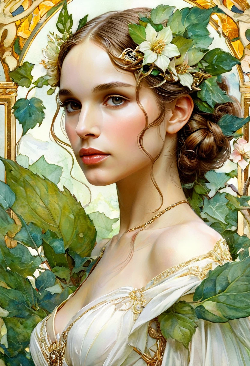 It depicts a beautiful woman with leaves in her hair., (Natalie Portman:1.2), extremely detailed watercolor, The style of Alfons Maria Mucha and Gustav Kilmut, Art Nouveau accents, Fairy Queen, Anthropomorphic woman, Female figure, Detailed cover artwork, As the Goddess of the Forest, Alphonse Mucha, Gustav Klimt, Pale skin, Marble sculpture, society, Gothic art, Art Nouveau, Behance Contest Winner