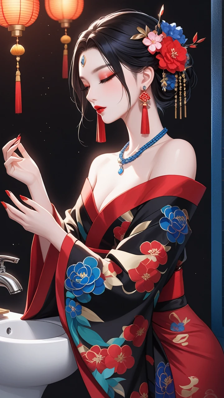 XUER Poster Art,One girl,alone,chest,Black Hair,hair ornaments,Long sleeve,Exposing shoulders,jewelry,Mouth closed,close your eyes,Upper Body,Side Lock,earrings,kimono,Raise your hand,Hair Flower,Wide sleeves,kimono,necklace,Off the shoulder,Manicure,nail,toilet,profile,Facial blemishes,ring,lipstick,Black background,Tassel,Pale skin,eye shadow,青いnail,long nail,beans,blue flower,shawl,Forehead mark,nose,sharp nail,Red lips,eyeliner,Arm tattoo,Shoulder Tattoo,Pulling the hair back,mascara,peace,