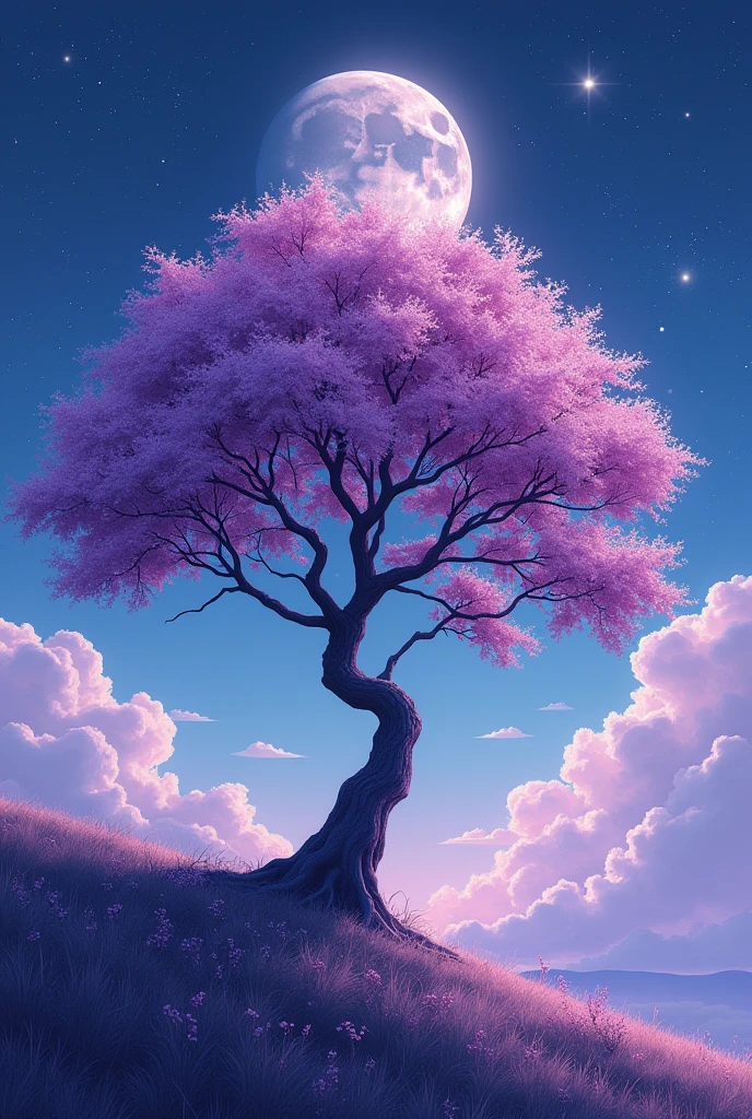 A tree in space，moon on sky, Light purple and light indigo style, Anime Art, Night Core, Beautiful collage art, Shimmer, Ultra-high-definition images, Zen Buddhist influence,Dreamy,16K