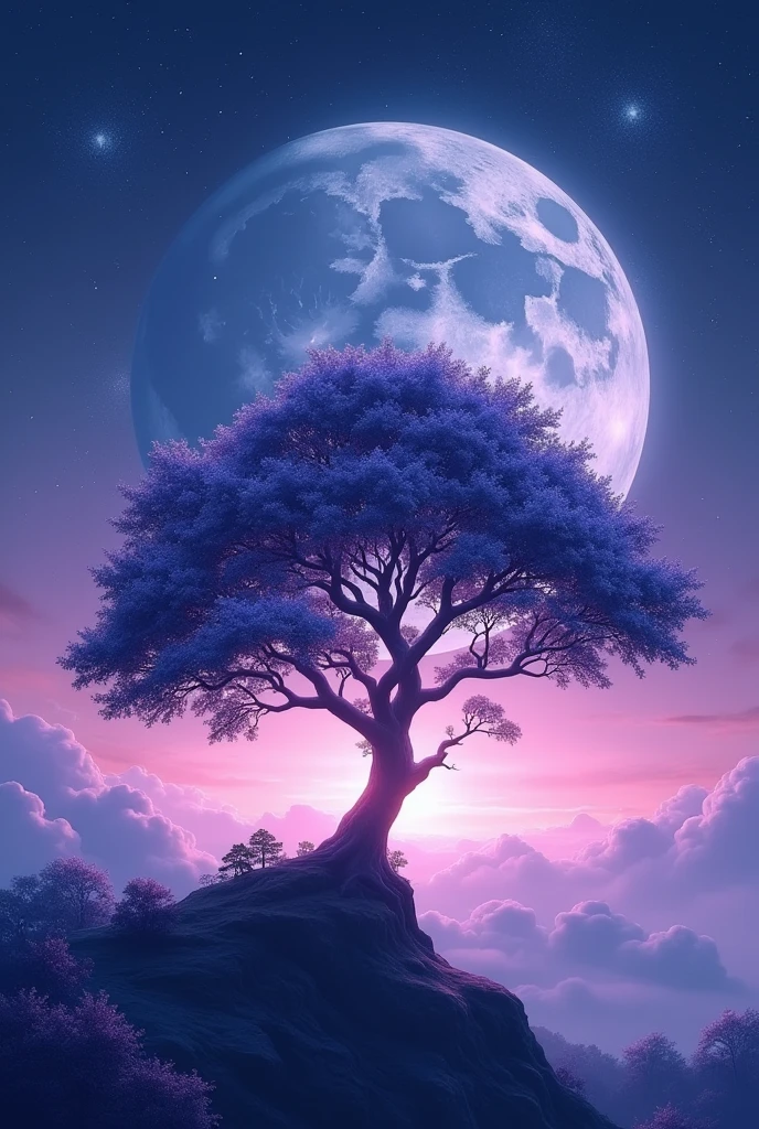 A tree in space，moon on sky, Light purple and light indigo style, Anime Art, Night Core, Beautiful collage art, Shimmer, Ultra-high-definition images, Zen Buddhist influence,Dreamy,16K