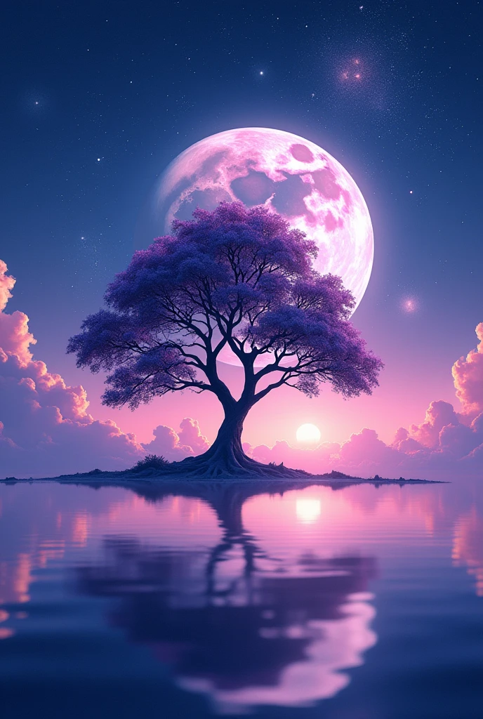 A tree in space，moon on sky, Light purple and light indigo style, Anime Art, Night Core, Beautiful collage art, Shimmer, Ultra-high-definition images, Zen Buddhist influence,Dreamy,16K
