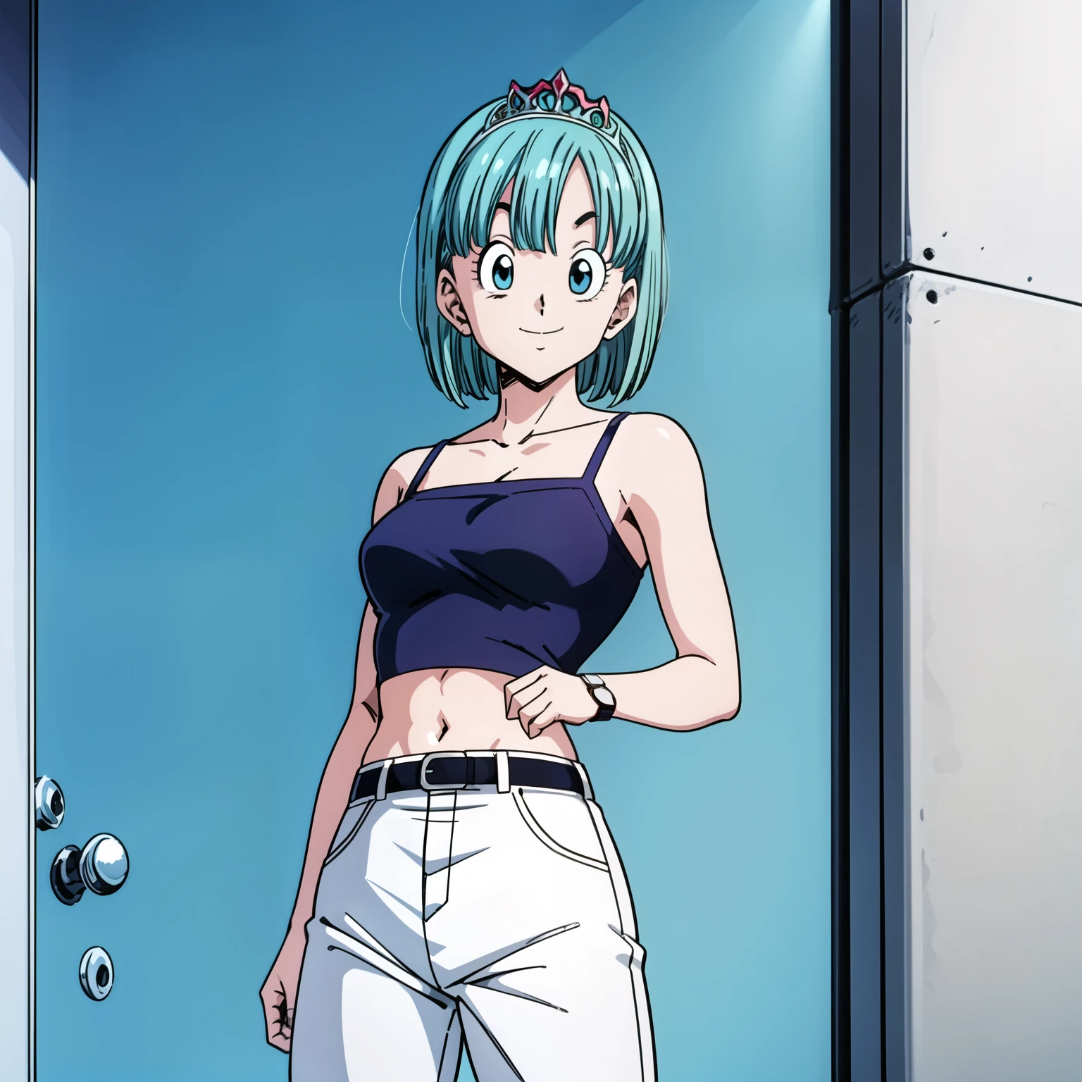 Cell Saga, short hair, Aqua Hair, Bobcut, bangs, blue eyes, One girl, alone, Light blue camisole, abdomen, belt, White pants, watch, Cowboy Shot, From the side, View your viewers, A light smile, tiara, crown