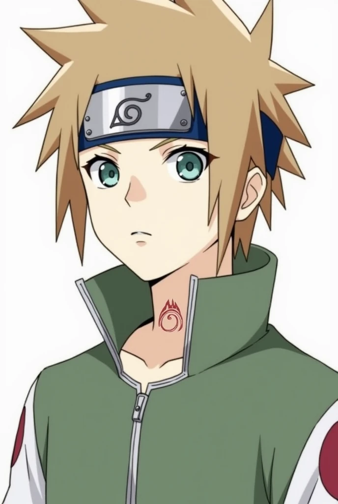 Create a character with the following characteristics: Pale Skin: has very pale skin, almost white. hair: Her hair is a light brown color and is quite messy., usually in peaks. eyes: He has green eyes with a mark on his neck with the clan mark..  He has a Sunagakure headband on his head.