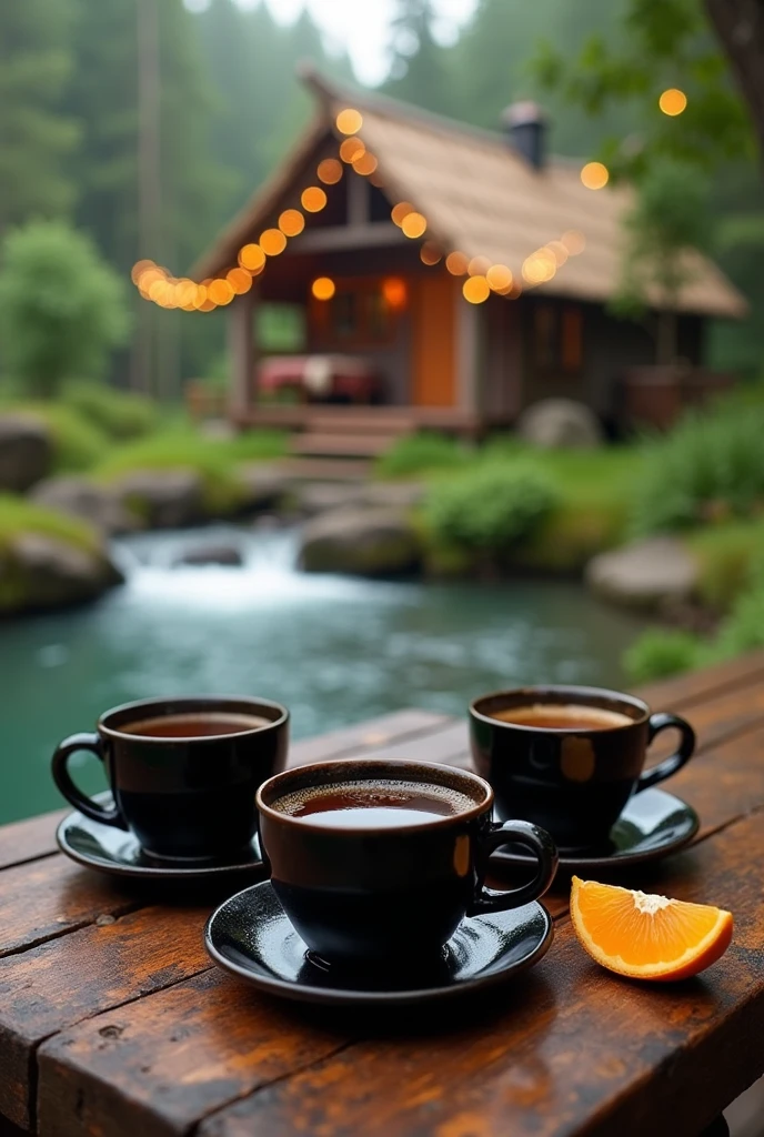 The image shows a wooden table with three black cups of coffee on it. The cups are placed on saucers and are filled with a dark liquid, possibly coffee. In the background, there is a small cabin with a thatched roof and string lights hanging from the windows. The cabin is surrounded by trees and greenery, and a river can be seen flowing in front of it. There is also a small orange slice on the table. The overall mood of the image is peaceful and serene.