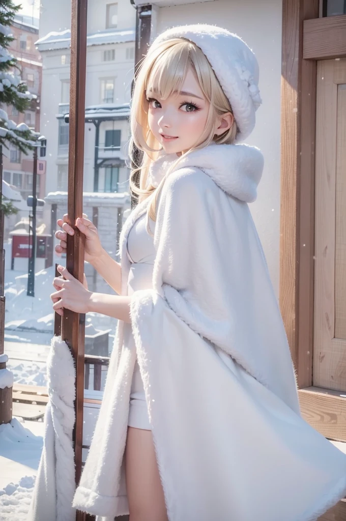 (the upper body:1.5).masterpiece、Highest quality、1 girl, winter, platinum blonde hair, Cute girl, smile, close mouse, medium breasts, sideboob:1.2, white dress, winter clothes, long skirt, Fur coat、Small waist、Thin legs、outdoors, front of the lake, snow falling, Prayer Pose, join hands, from backside:1.5, look back, face, style
