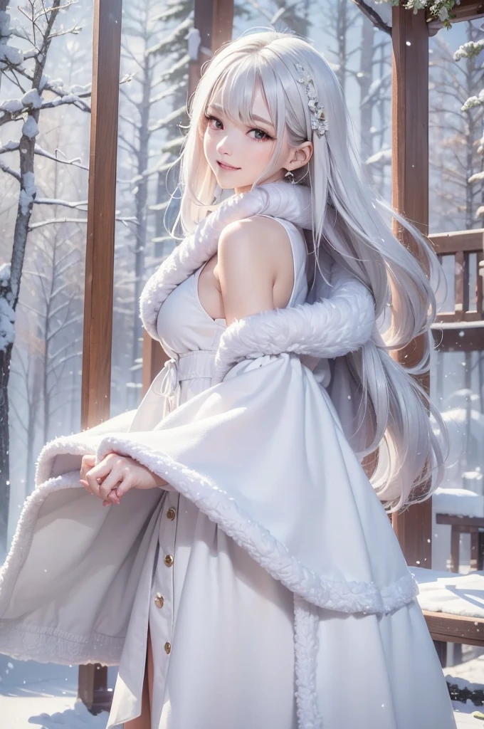 (the upper body:1.5).masterpiece、Highest quality、1 girl, winter, platinum blonde hair, Cute girl, smile, close mouse, medium breasts, sideboob:1.2, white dress, winter clothes, long skirt, Fur coat、Small waist、Thin legs、outdoors, front of the lake, snow falling, Prayer Pose, join hands, from backside:1.5, look back, face, style