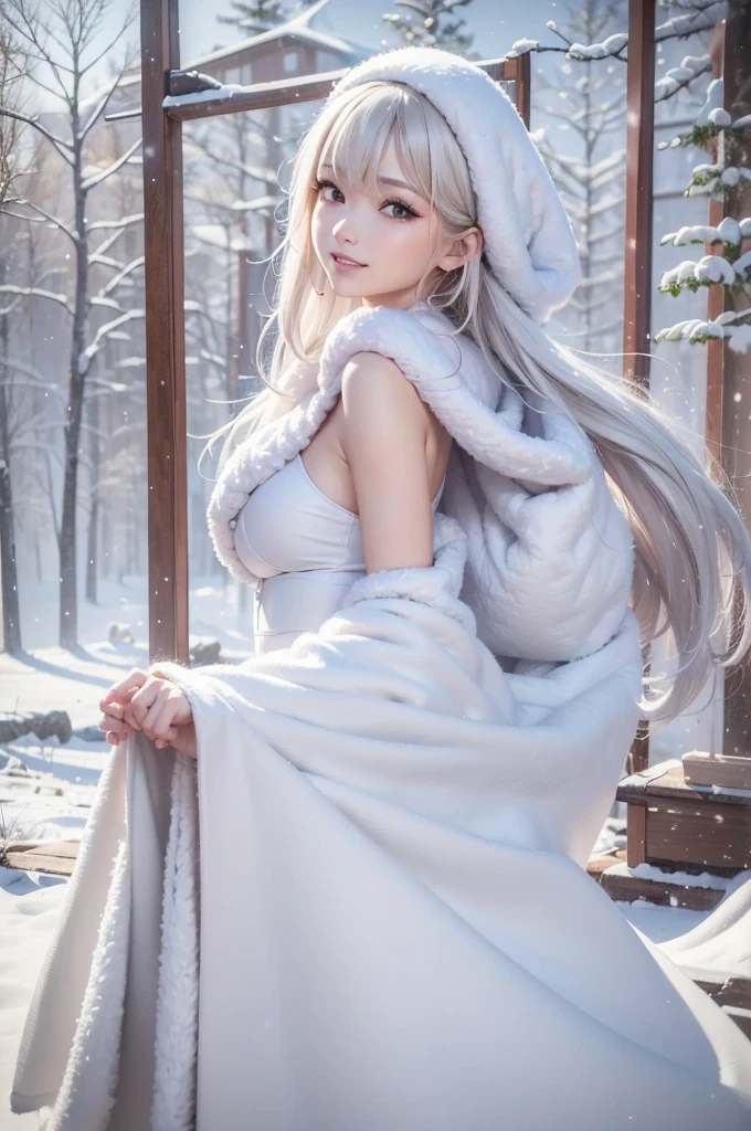 (the upper body:1.5).masterpiece、Highest quality、1 girl, winter, platinum blonde hair, Cute girl, smile, close mouse, medium breasts, sideboob:1.2, white dress, winter clothes, long skirt, Fur coat、Small waist、Thin legs、outdoors, front of the lake, snow falling, Prayer Pose, join hands, from backside:1.5, look back, face, style
