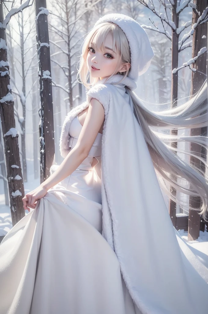 (the upper body:1.5).masterpiece、Highest quality、1 girl, winter, platinum blonde hair, Cute girl, smile, close mouse, medium breasts, sideboob:1.2, white dress, winter clothes, long skirt, Fur coat、Small waist、Thin legs、outdoors, front of the lake, snow falling, Prayer Pose, join hands, from backside:1.5, look back, face, style
