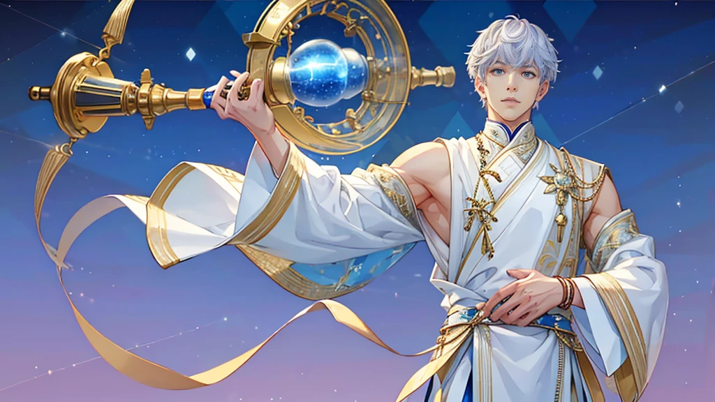 A young, indonesian fair-skinned muscular, full body, male with short White hair wearing a white and blue ornate outfit against a starry night sky background