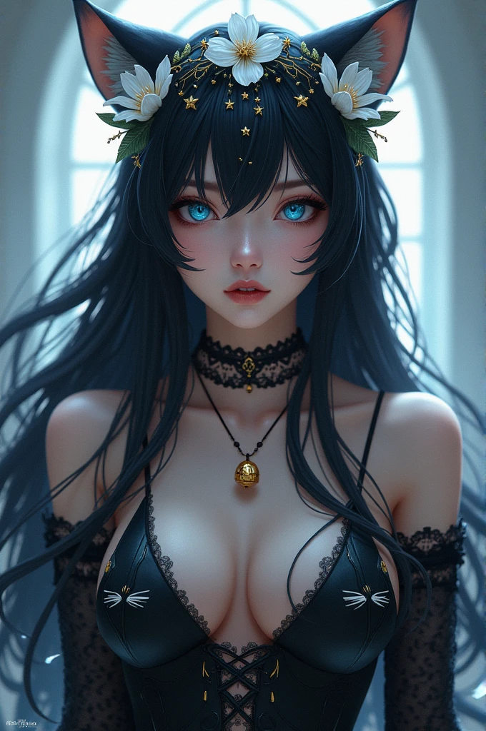 2 pirging on the winged lips at each end, white foot, blue eye color, long black hair with cat ears and piecipg on the ears, tiara of white stars, white flowers at each top of the ears, necklace with a yellow bell , black top type shirt with a small design of a completely white cat, black arm warmers