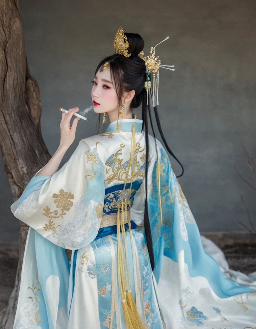 araffe dressed in a blue and gold costume holding a cigarette, hanfu, palace ， a girl in hanfu, a beautiful fantasy empress, ((a beautiful fantasy empress)), ancient chinese princess, beautiful image, white hanfu, wearing ancient chinese clothes, chinese costume, 中 元 节, chinese princess, full body xianxia, chinese empress