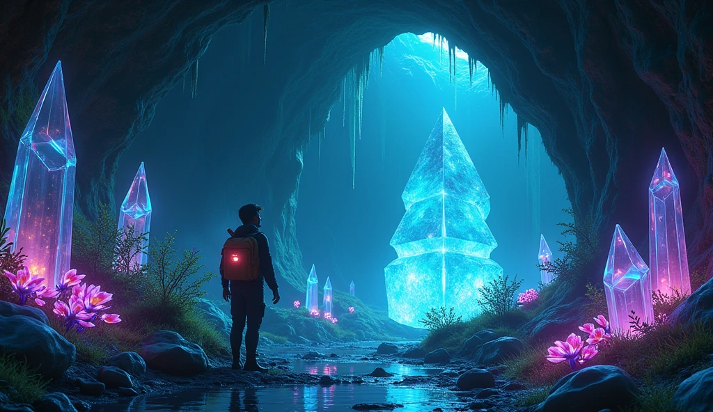 Narration:
Inside, Max discovers an underground world filled with glowing crystals and strange, luminescent plants. His eyes widen in wonder as he takes in the breathtaking sight.