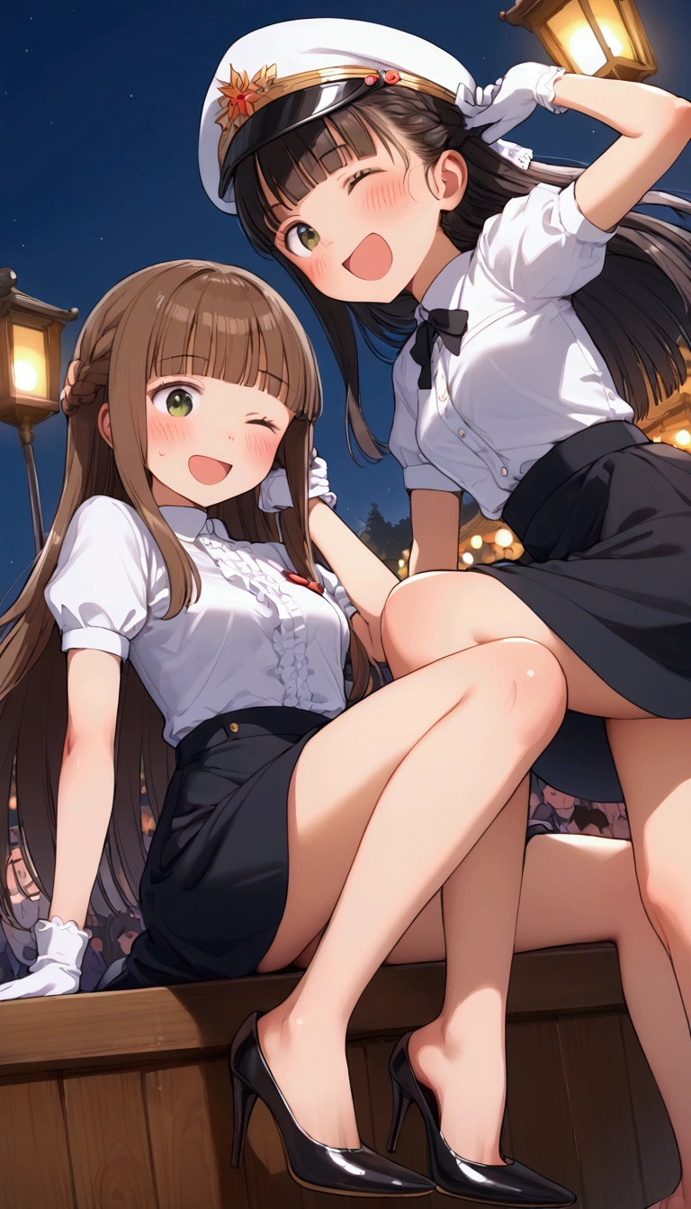 {Highest quality}, {Super beautiful},{Ultra fine},{Best illustration},Brown Hair,Hime cut,long hair,Braid,One woman,Sitting woman,Strike a pose,Adult women,smile,Excited face,Wink,Uniform cap,White Shirt,Short sleeve,long black skirt,White gloves,Night Festival,Blushing,Slender,Black stiletto heels,barefoot,From an angle,From below,Put one hand on your hip,Spread your legs,Spread one leg