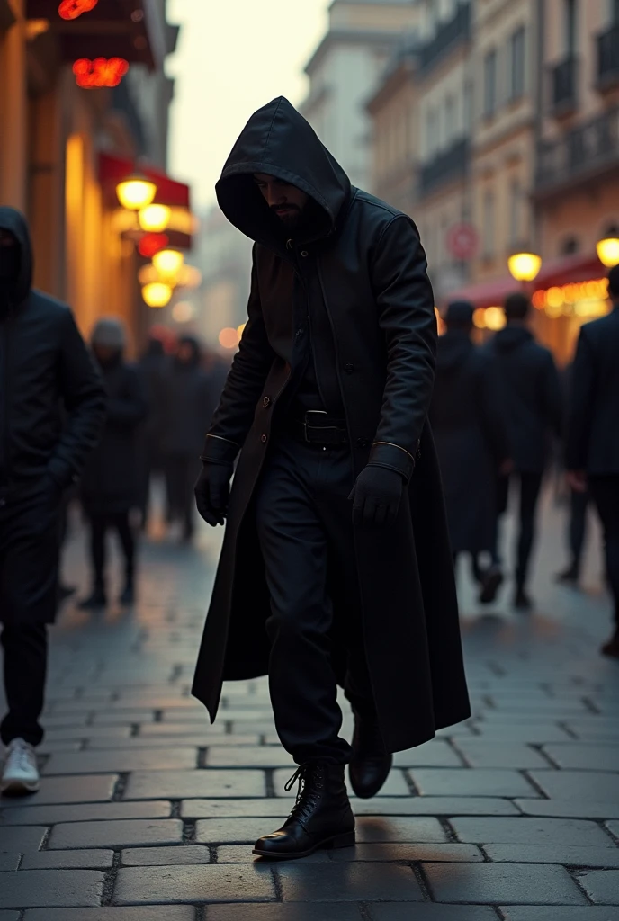 A stealthy bandit, slipping through the crowded square in the early evening.