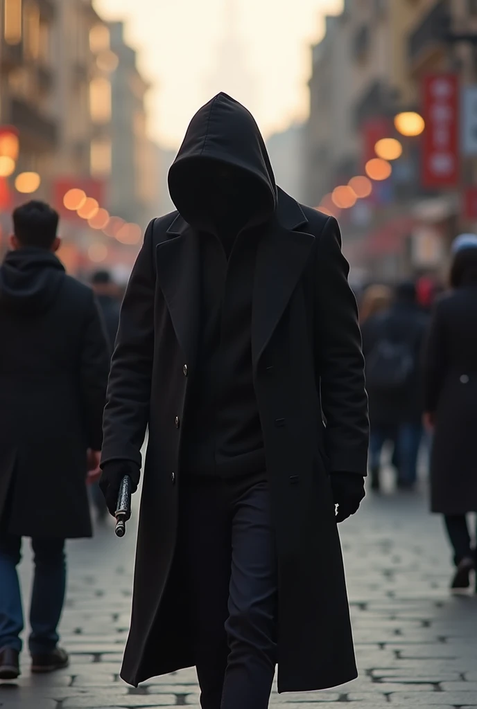 A stealthy bandit, slipping through the crowded square in the early evening.