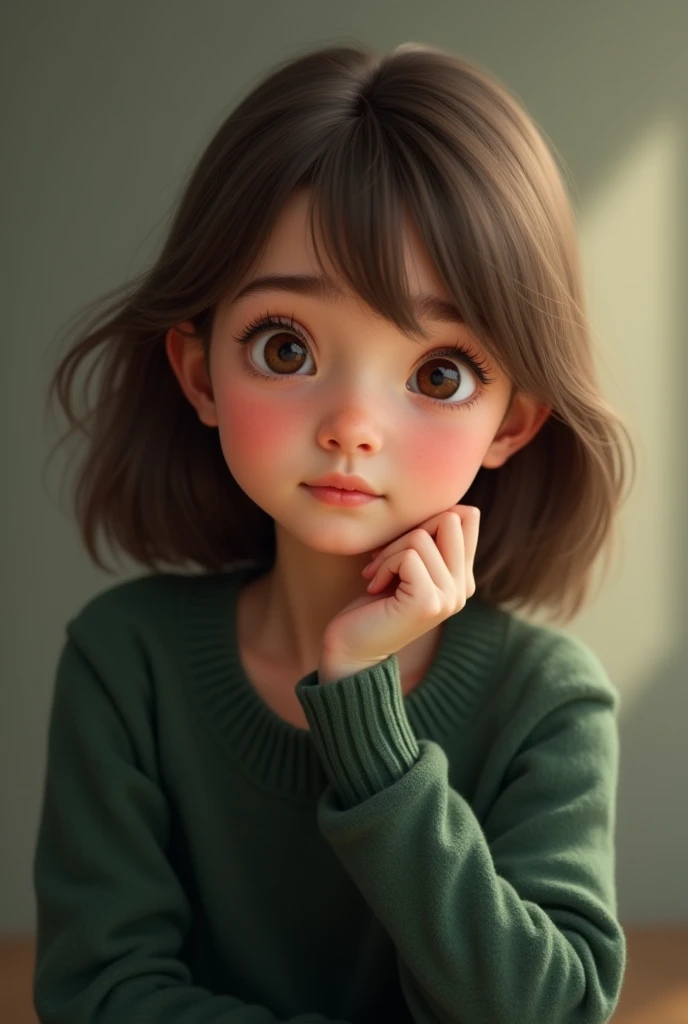 11 year old girl with brown eyes and brown hair wearing dark green sweater