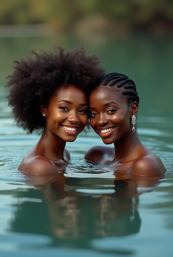 Beautiful black women taking selfie in water 