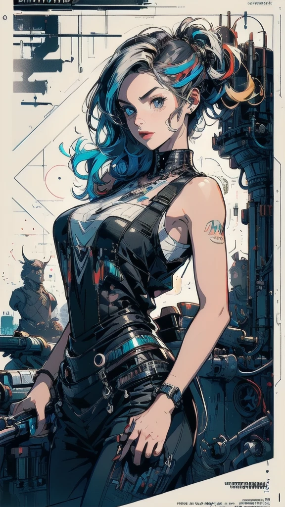 (((masterpiece, highest quality))),(((solo:1.2))),(((1girl:1.2))),32k wallpaper, very detailed, poster, vintage science fiction,(((((geometric cinematic movie poster))))), (bauhaus), shape,(((abstract))),(mid century modern),movie poster,(((((portfolio))))),(((((Close-up))))),(((((bust up))))),((((more various angle)))),(((highlight))),Vast landscape,((((heterochromia)))),(((complete. detailed face))),(((Extremely talented))),(((((most complecated machine))))),Colorful color scheme,(Cleavage),(((((unlimited mechanic Workaholic)))))