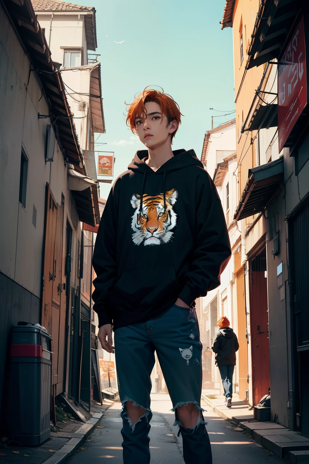 1 man, Tiger Hoodie, black clothes, modern city, orange hair, (movie poster),((masterpiece))