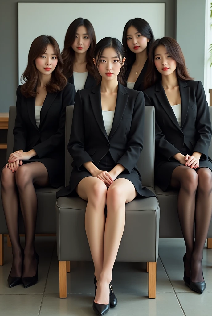 Beautiful woman with long legs, secretary in suit, bare legs, tight skirt, all women with different faces, Korean and Japanese5There are two people inside, both wearing black tights and sitting in seiza.