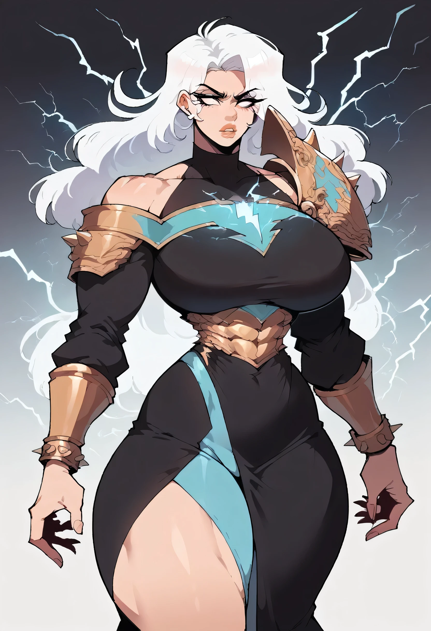 (Score_9, score_8_up, score_7_up,) 1woman, tall, long spiked white hair, white eyes, full lips, muscular, wide shoulders, tin waist, wide hips, huge breasts, decorated armored navy blue leotard, shoulder pad, bracers, gold accents, lightning magic, one-shoulder black dress, Nyantcha Style, source_anime, rating_explicit 