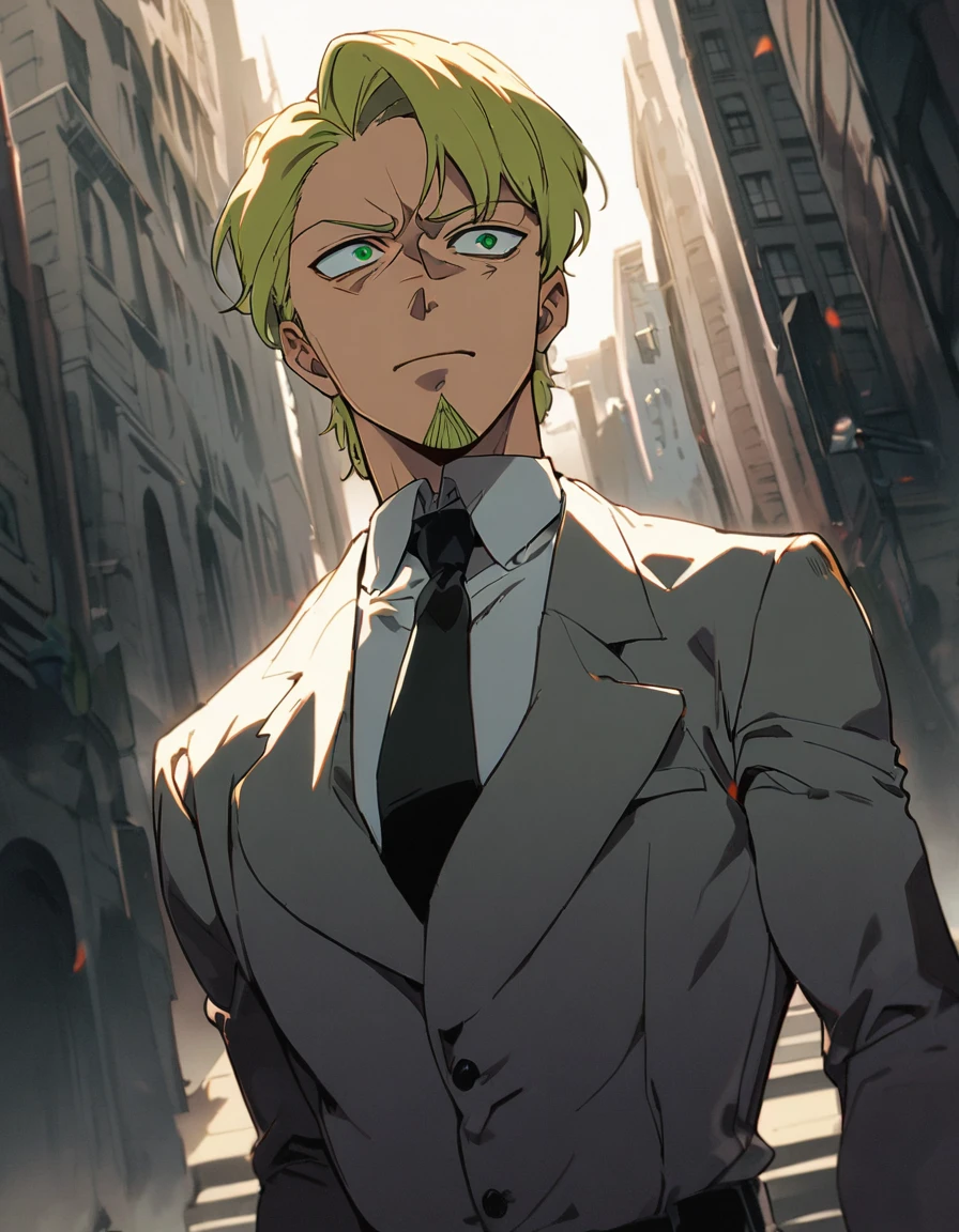 1man, man in black, vigorous mature, business hair with asymmetrical bangs, goatee, green platina blond hair, emerald eyes, BREAK 40yo, charming caucasian, slightly long chiseled face, deep set, angular jaw, facial wrinkles, crewcut, BREAK ideal ratio body proportions, middle weight muscular, beautiful detailed eyes, dark hero, best eyes, BREAK solo, funeral black suit, black necktie, white shirt, at wall street, detailed background, gloom, cool expression, natural standing, looking away, BREAK upperlegs, dramatic expression, in korean illustration style, masculine comic art, 2010s, retro visual novel, in newest eroge style, in persona style, dutch angle, cinematic shadows, cinematic lighting, lens flare, light leaks, texture, absurdres absolutely resolution, extreme all detailed, greatest painting, BREAK masterpiece, best quality