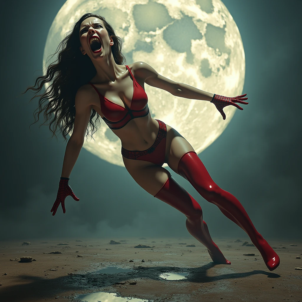 Abstract. Full-length photograph. Large full moon in background. Camille Claudel style. Screaming sculpture of Spiderman heroine wearing red gothic fashion underwear falling on asphalt ground.