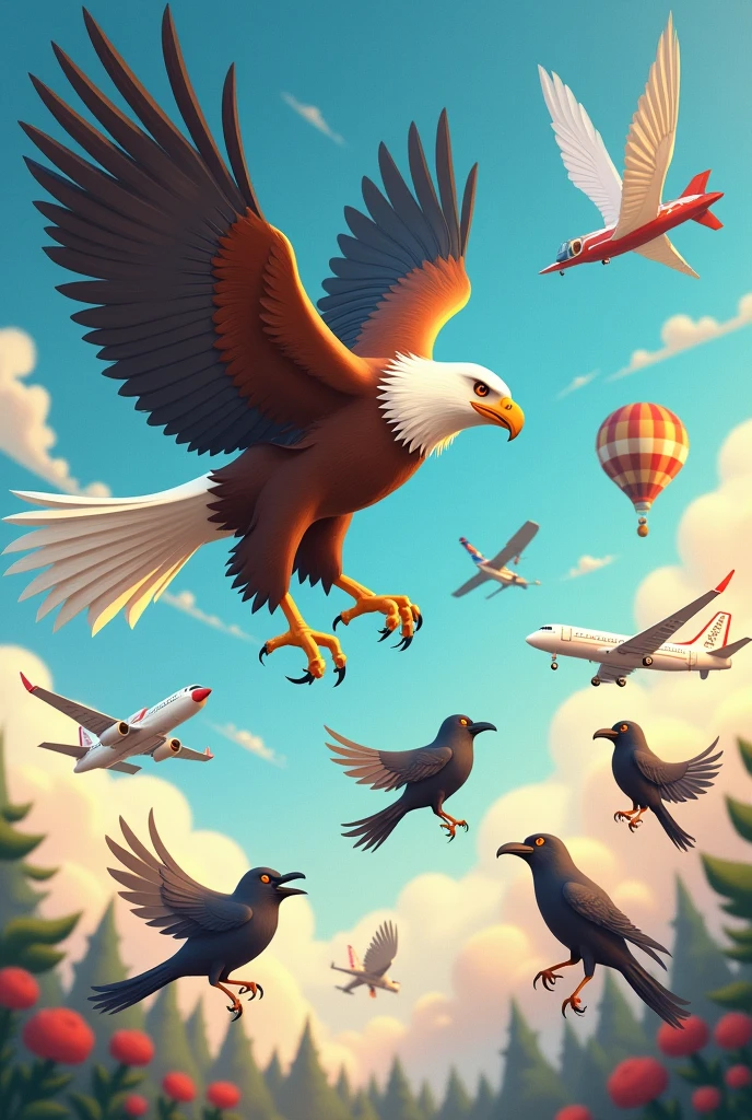 Give me a pictures of and flying eagle, crow, and different types of birds, an aeroplane, jet, air balloon, sattelite, a kite, and rocket in same paper to get printouts of those pictures. These things should be in same size. Suitable for children