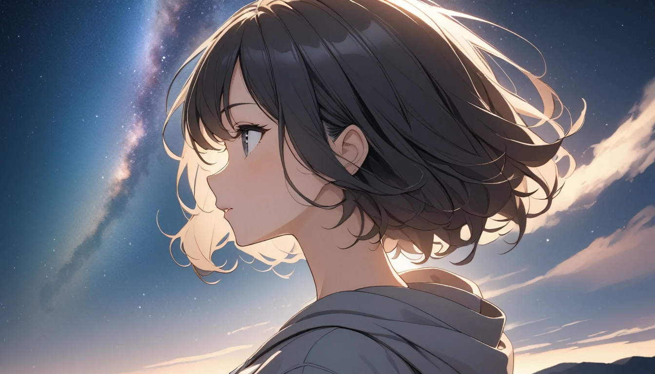 Starry Sky、milky way、One woman、Black Hair、Short Hair、Hair blowing in the wind、profile、Wearing a hoodie、Back view、Upper Body、Low - Angle