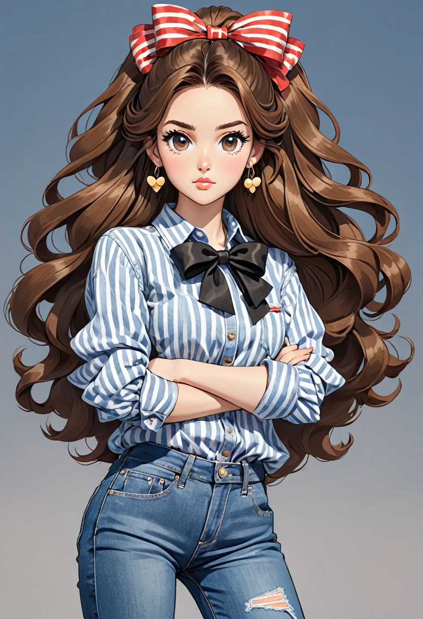 an illustration of a cartoon girl with big hair and long bow on top of her head, 1girl, solo, striped, jewelry, earrings, denim, shirt, striped shirt, crossed arms, long hair, bow, pants, hair bow, looking at viewer, black bow, jeans, brown hair