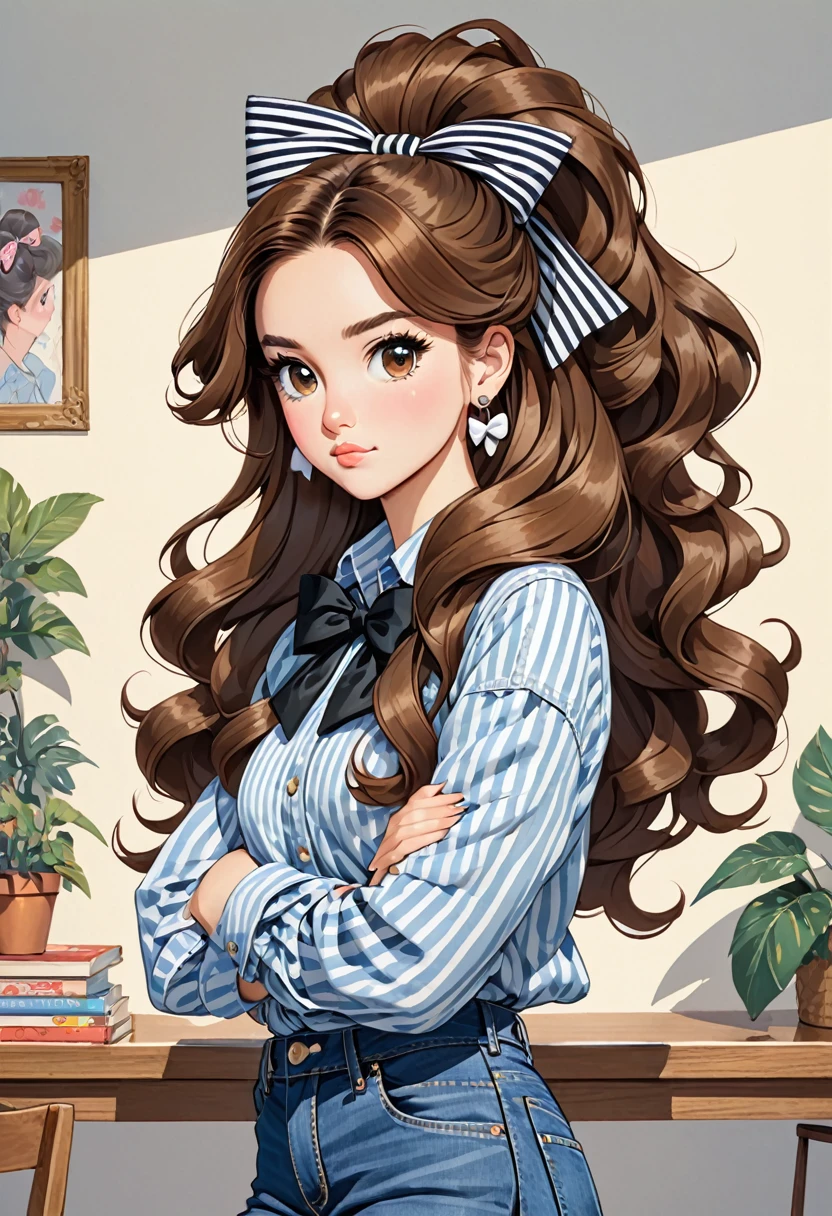 an illustration of a cartoon girl with big hair and long bow on top of her head, 1girl, solo, striped, jewelry, earrings, denim, shirt, striped shirt, crossed arms, long hair, bow, pants, hair bow, looking at viewer, black bow, jeans, brown hair