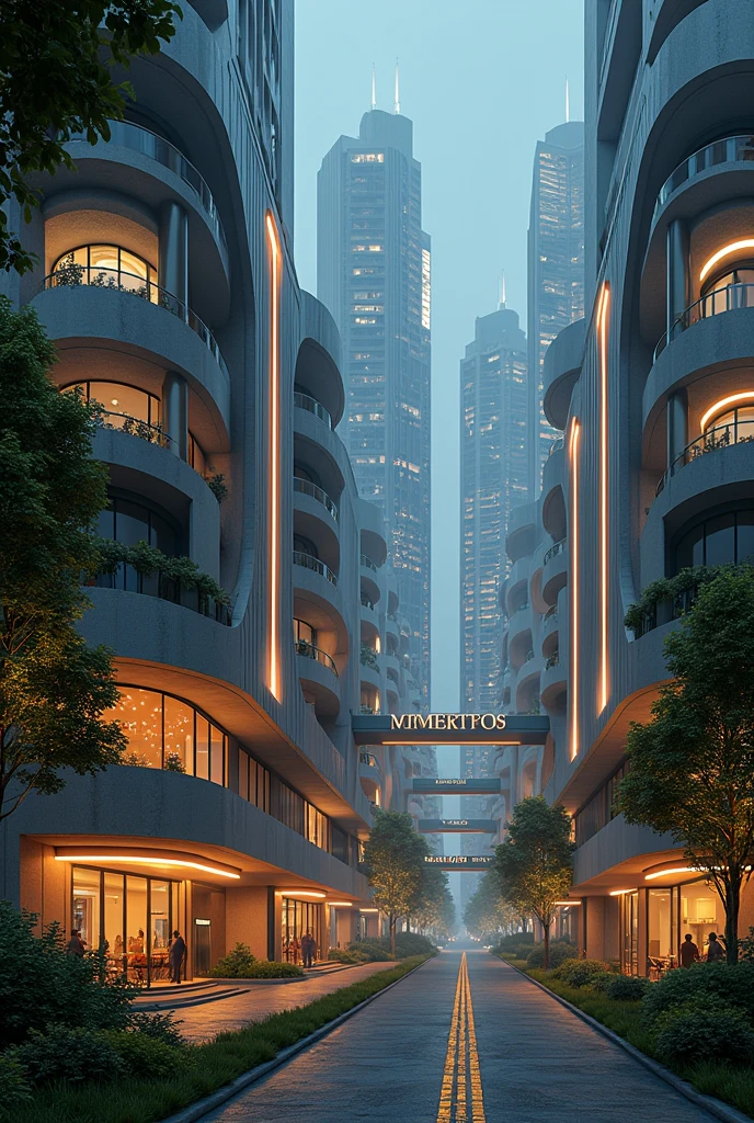 art deco design,urban buildings,streamline moderne,futuristic architecture, Abstraction,modern style,Luxury and Luxury,Future night view,Futuristic decorative elements,Metallic,number line,sci-fi lamp,Virtual Engine,Unreal rendering, neon lights, apartments, restaurants, mixed use, multiple buildings, trees, parks, greenery, grass, green field, pedestrians, people, bike lanes, bicycles, skybridge, hospital, fires station, police station,