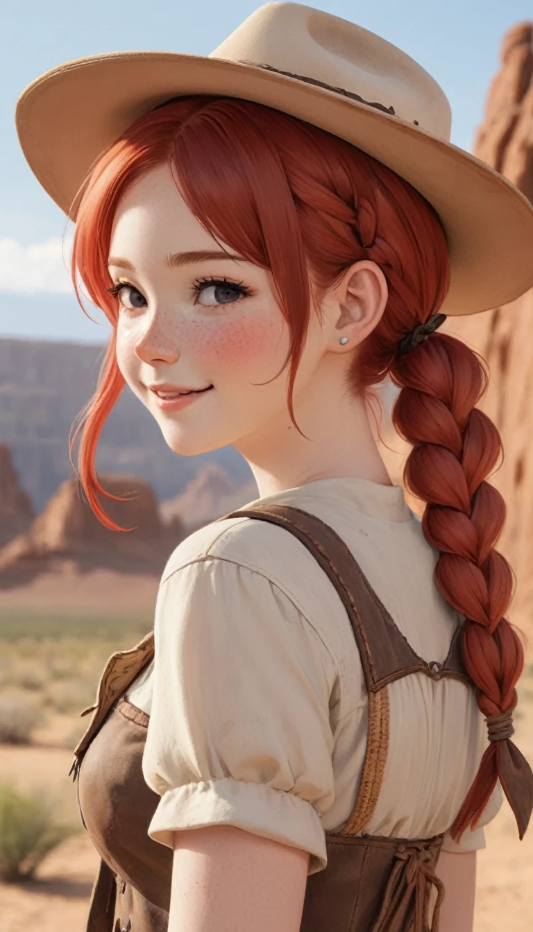 cheyenne、profile、Upper Body、masterpiece、Highest quality、One beautiful woman、Red hair、Pigtails、Braid、24-years-old、White skin、Cowboy Style、Western Hat、Moderate bust、Upper Body、smile、love、Freckles、Blushing cheeks、scenery、profile、Close-up of face、desert。