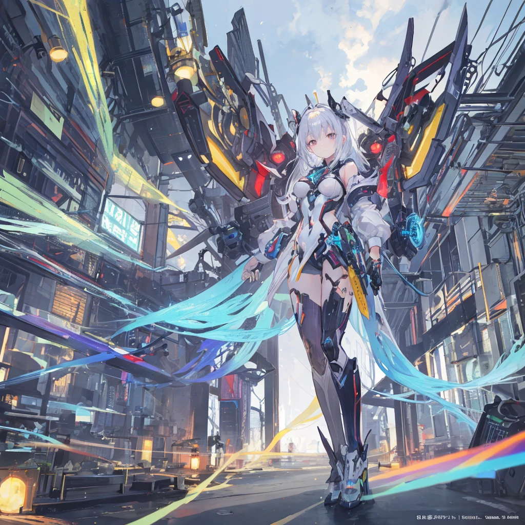 ((masterpiece, best quality)),illustration,Super Fine 8k,Reality,Clear focus,Very detailed,Professional lighting,Colorful Detailed,Extremely long shot of the rainbow-colored BREAK factory,Large machinery construction,Microchip,,Luminescence,Intricate details,Shitu-mecha,1 girl standing in front of the audience,Umbilical cord