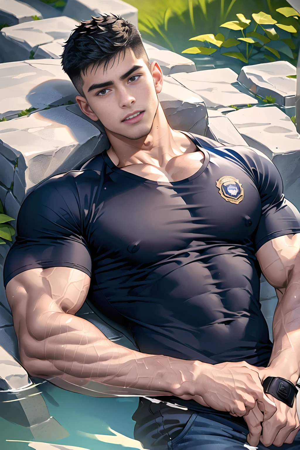 1 man,(lying on the water wall:1.6),(crew cut short hair:1.3),black eye,(Wear a fitted round neck t-shirt in navy with a police badge.:1.3),(fit neck),Navy blue jeans,(black_gloves),
Korean guy,chest muscles,large arm muscles,blood vessel,Big muscles,Broad shoulders,
open mouth,(terror terror:1.5),
middle of the road,(In the desert:1.2),(full_shot:1.6),(In the cave:1.2),(shouting:1.4),