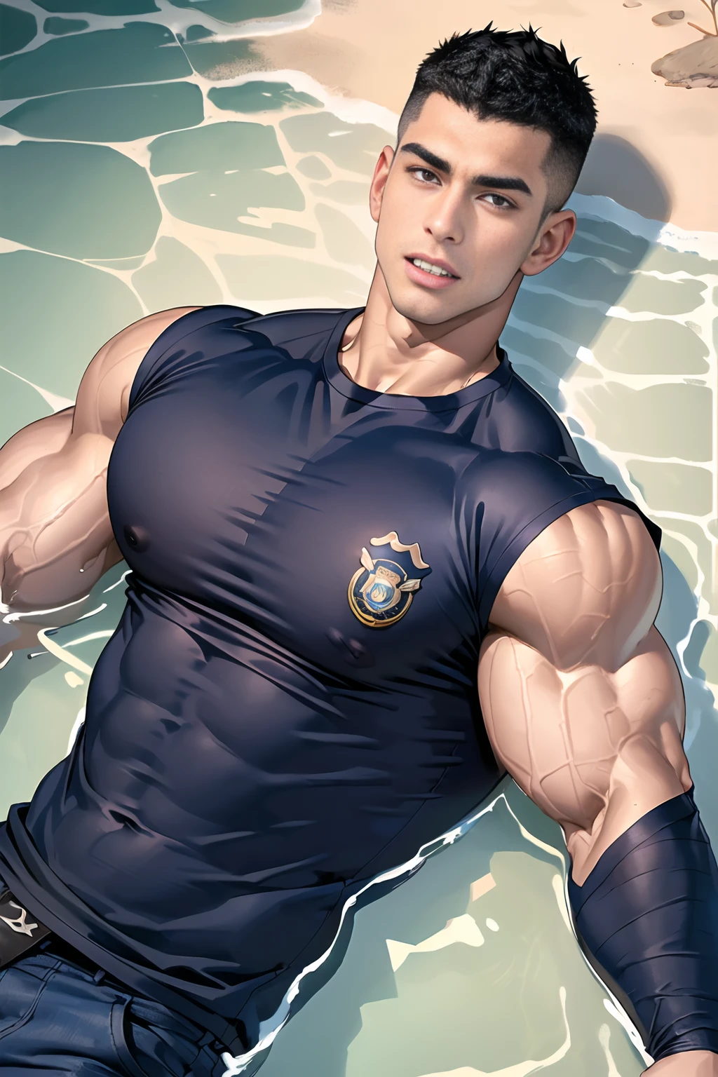 1 man,(lying on the water wall:1.6),(crew cut short hair:1.3),black eye,(Wear a fitted round neck t-shirt in navy with a police badge.:1.3),(fit neck),Navy blue jeans,(black_gloves),
Korean guy,chest muscles,large arm muscles,blood vessel,Big muscles,Broad shoulders,
open mouth,(terror terror:1.5),
middle of the road,(In the desert:1.2),(full_shot:1.6),(In the cave:1.2),(shouting:1.4),