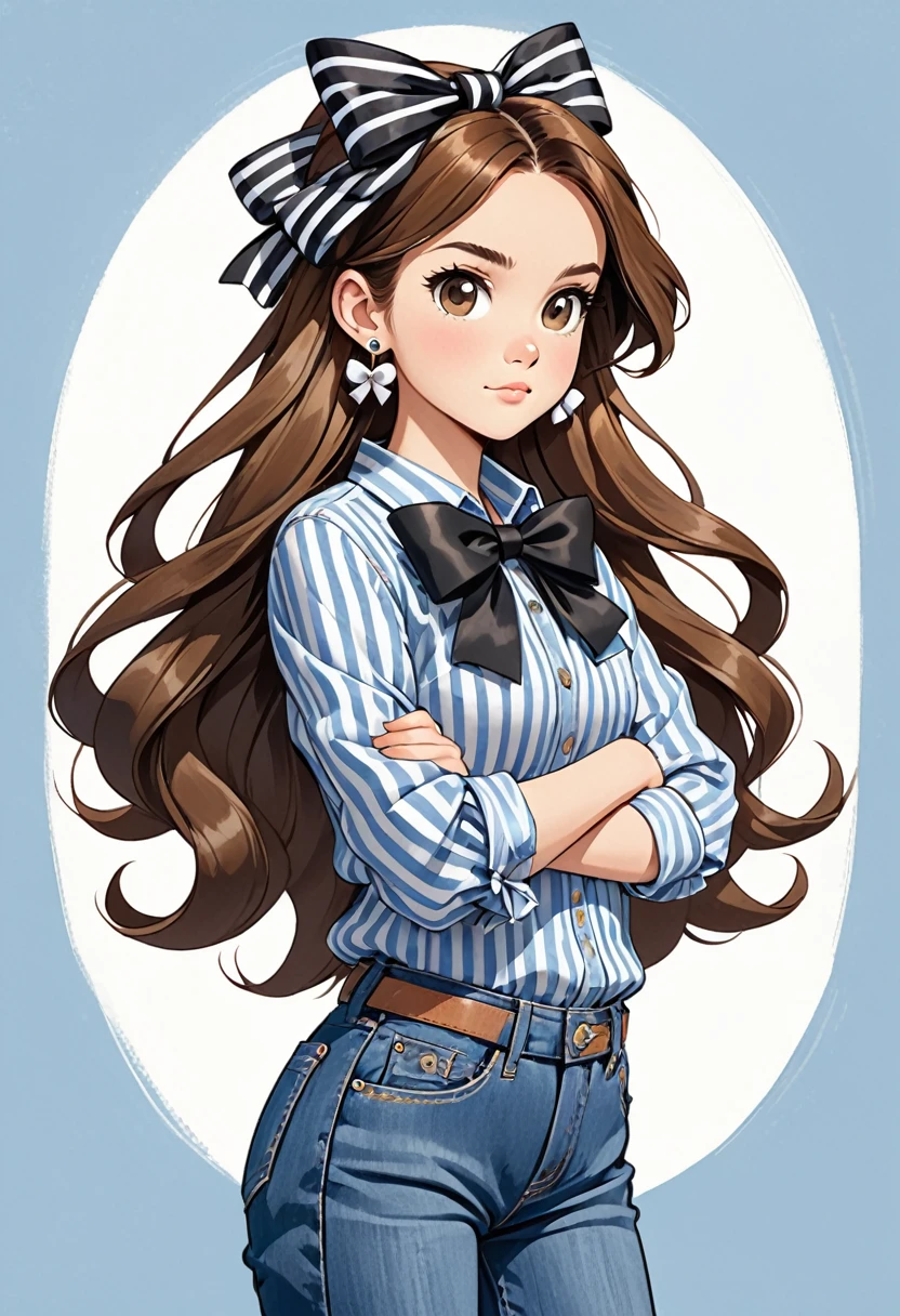 a kid's cartoon illustration of a girl with a bow on her head, 1girl, solo, striped, jewelry, earrings, denim, shirt, striped shirt, crossed arms, long hair, bow, pants, hair bow, looking at viewer, black bow, jeans, brown hair